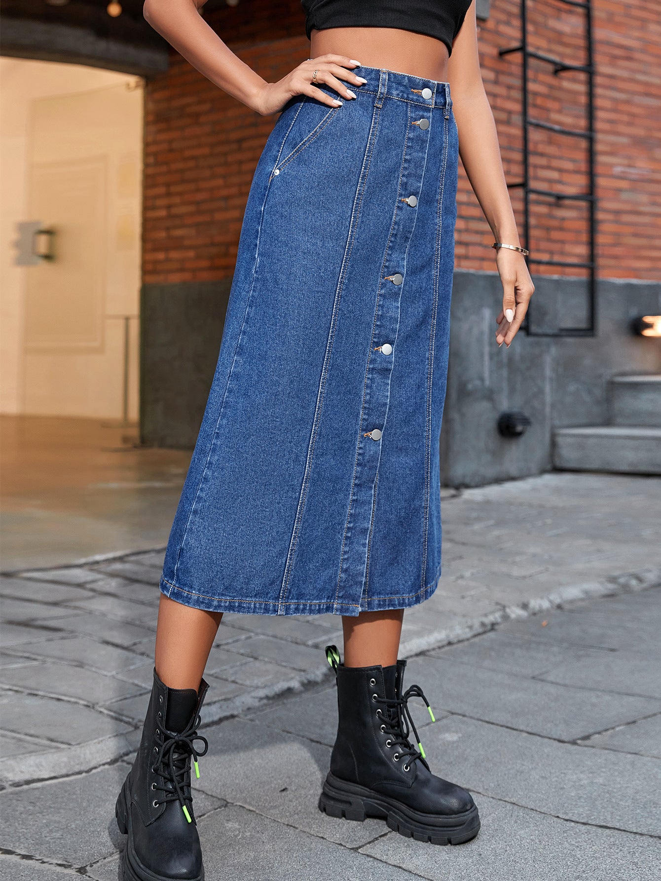 Women’s High Waist Button Denim Skirt with Front Split | noémi