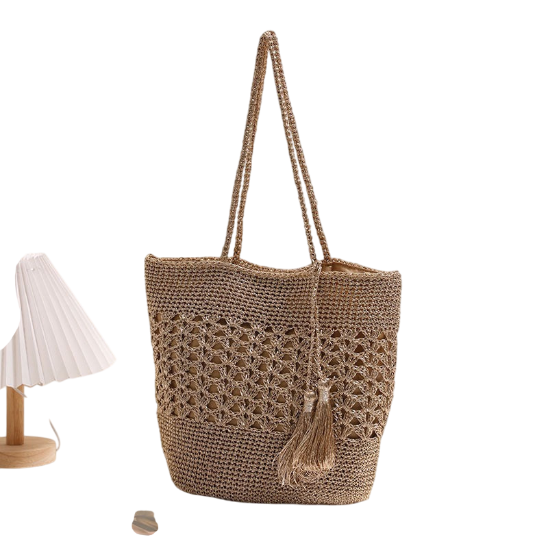 Large-Capacity Hollow-Out Straw Shoulder Tote – Tassel Boho Beach Bag, Natural/Gold | noémi