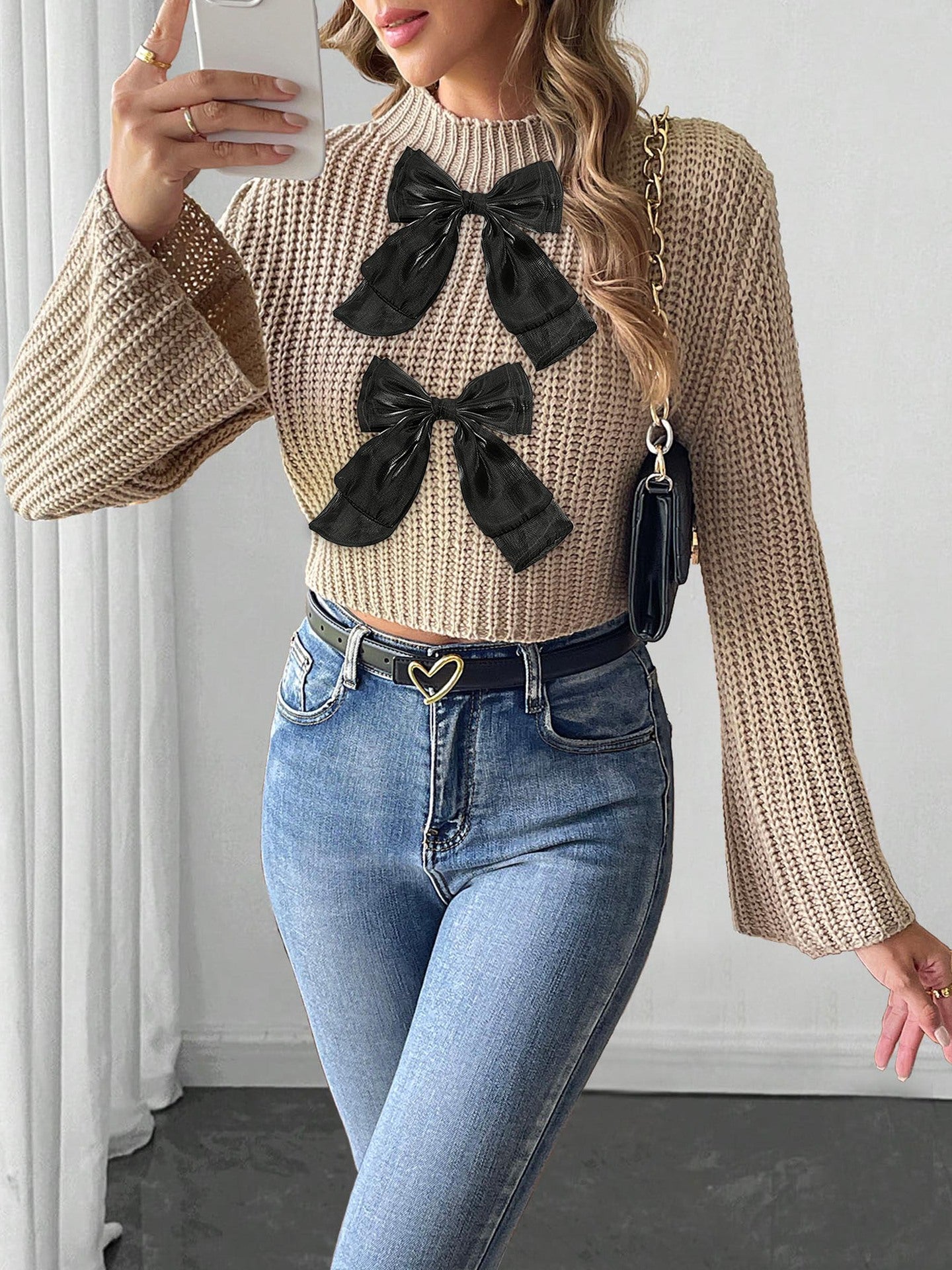Womens Cropped Knit Sweater with Bow Detail | Flared Sleeves & Half Turtleneck Pullover | noémi