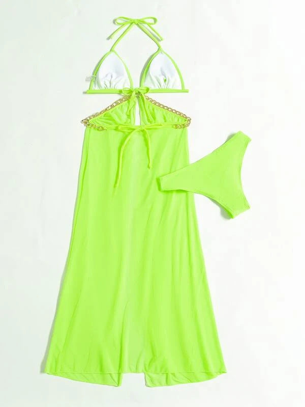 Three Piece Swimsuit Set | Sheer Split Skirt & Gold Chain Detail | noémi