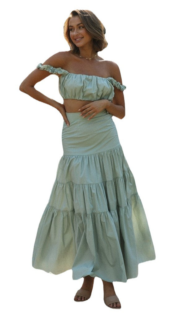 Womens Two Piece Ruffle Strap Crop Top & Tiered Maxi Skirt Set | Matching Outfit | noémi