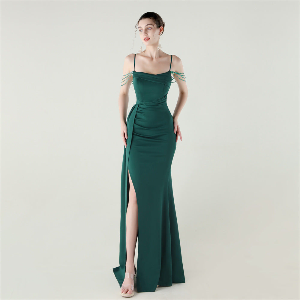 Satin Beaded Fishtail Dress | Spaghetti Straps, Thigh Slit | noémi