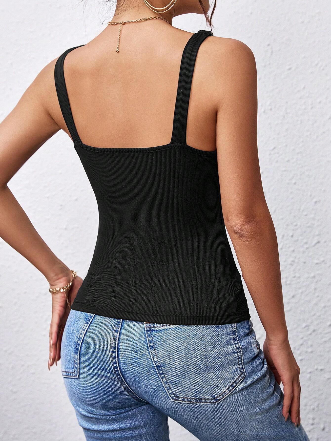 Black Sleeveless Ribbed Top with Chain Straps | UNeck Summer Tank | noémi
