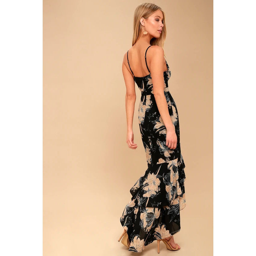High Waist Floral Print Backless Strap Dress in Black and White | noémi
