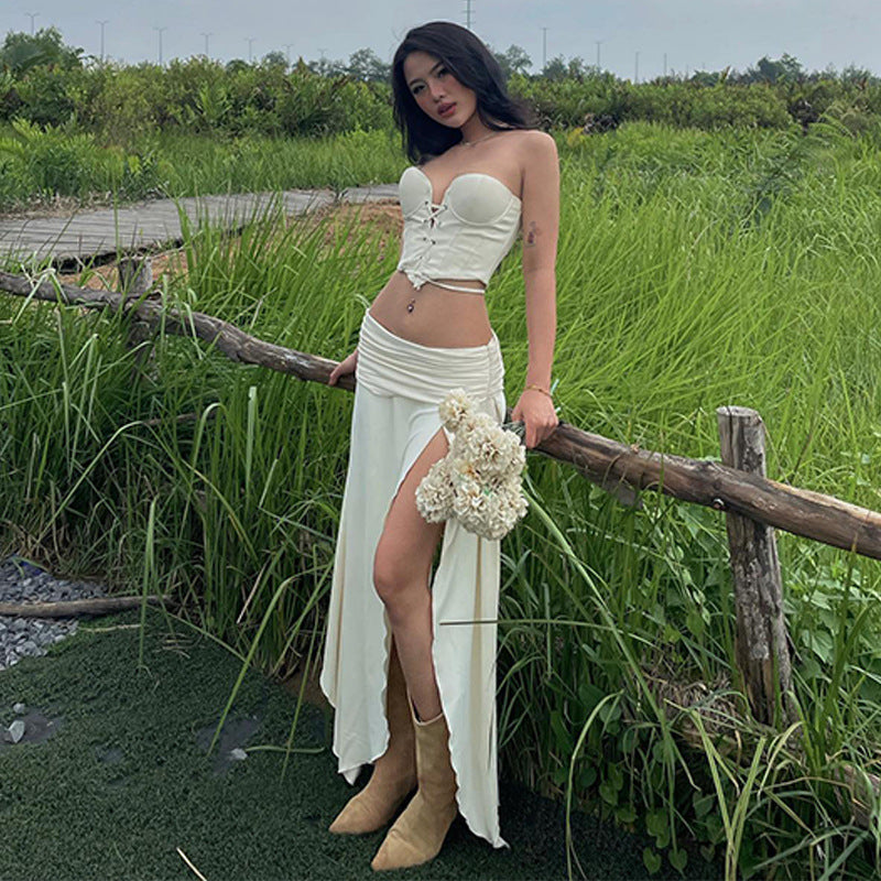 Two Piece Set | Lace Up Crop Top Pleated Slit Skirt | Low Waist | noémi