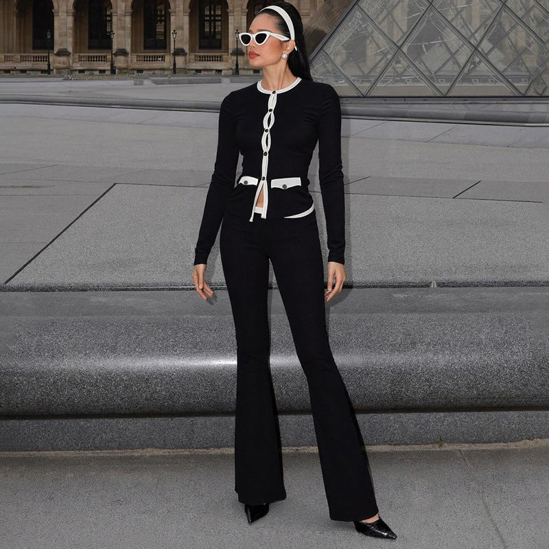 Black & White Two Piece Set | Button Cardigan + High Waist Slim Pants | noémi