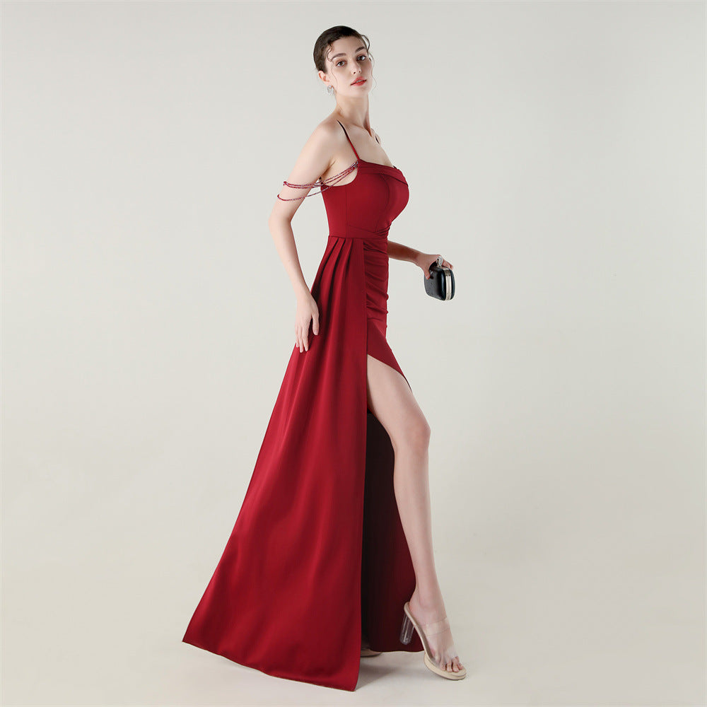 Satin Beaded Fishtail Dress | Spaghetti Straps, Thigh Slit | noémi