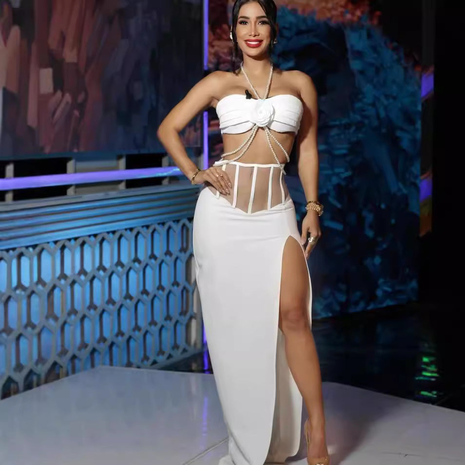 White Corset Gown | Pearl Strap Maxi Dress with High Slit | noémi