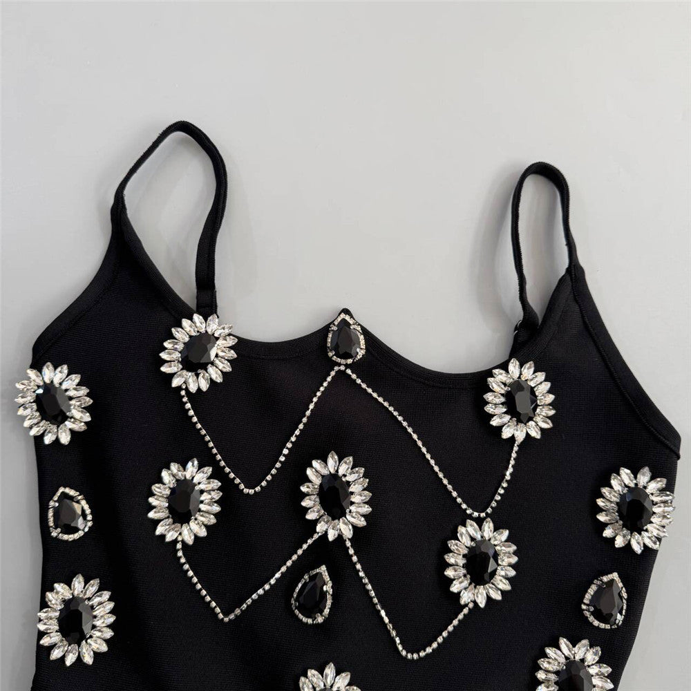 Black Daisy Beaded Maxi Dress | Floral Crystal Embellished Gown with Side Slit | noémi