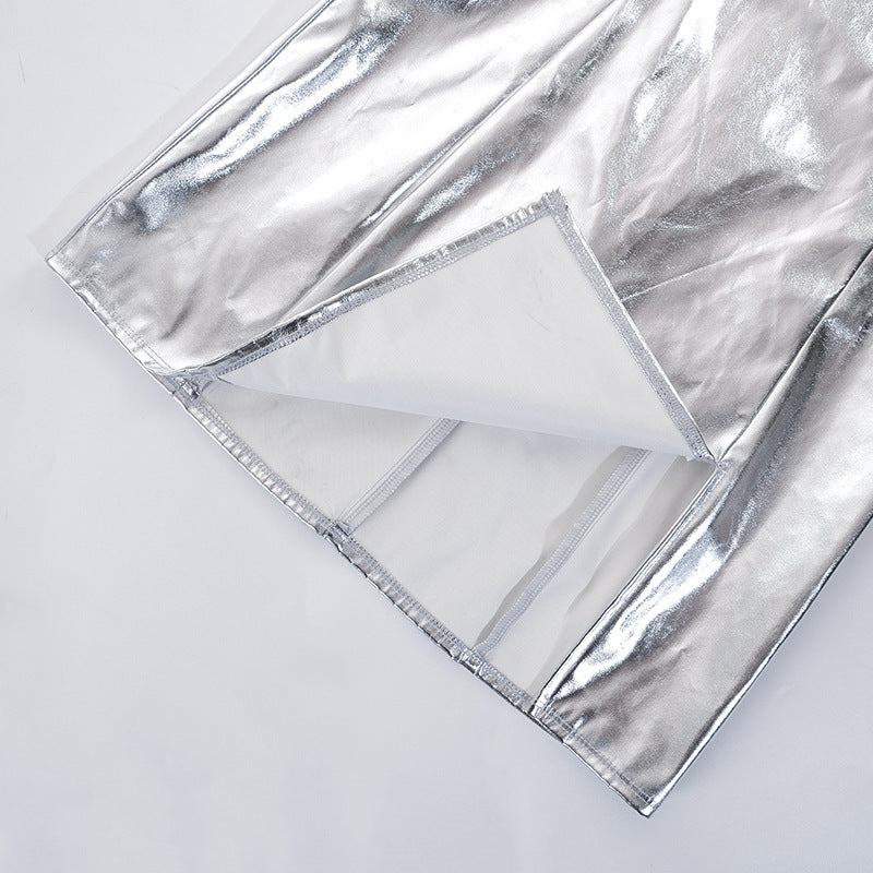 Womens Metallic Tube Top Dress with Cinched Waist Side Split | noémi