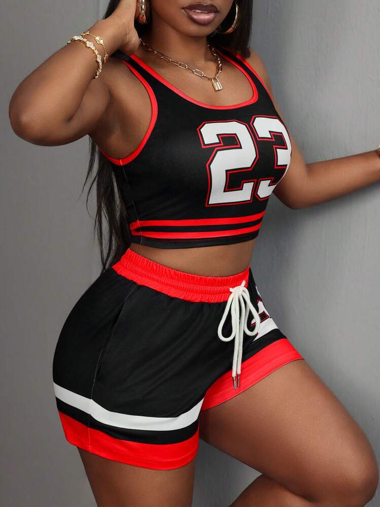 Color Contrast Printed Slim Fit Sexy Sports Vest & Drawstring Shorts Two Piece Set | noémi