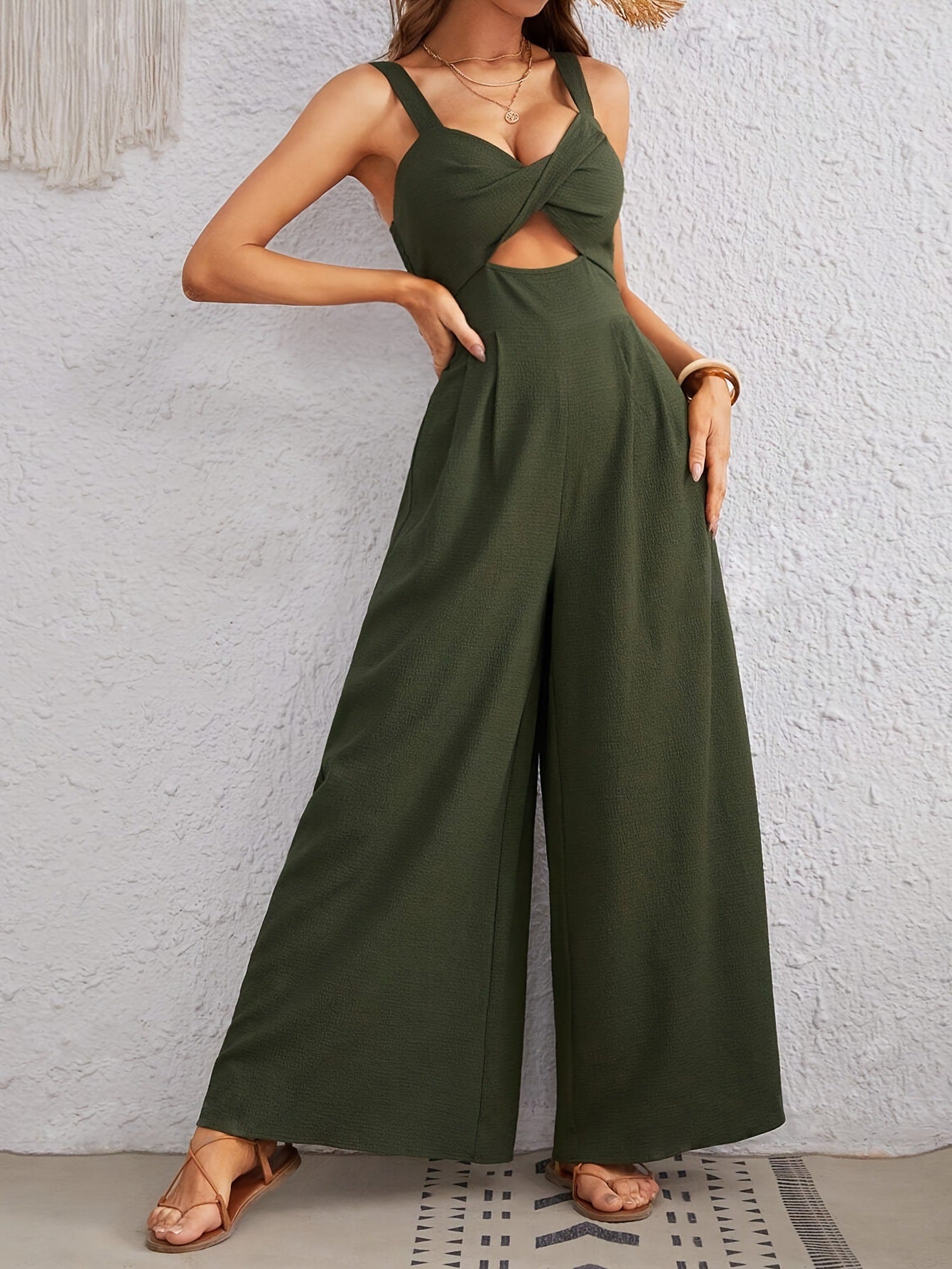 Olive Green Wide Leg Cutout Jumpsuit | Sleeveless Summer Sling Style | noémi