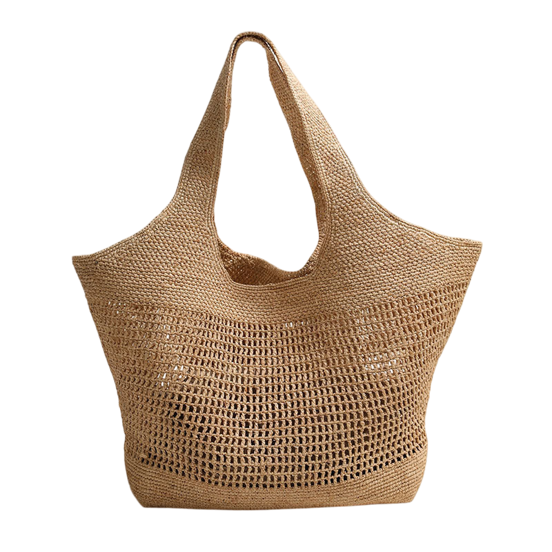 Raffia Straw Shoulder Tote Bag – Large Capacity, Hollow-Out Weave, Brown | noémi