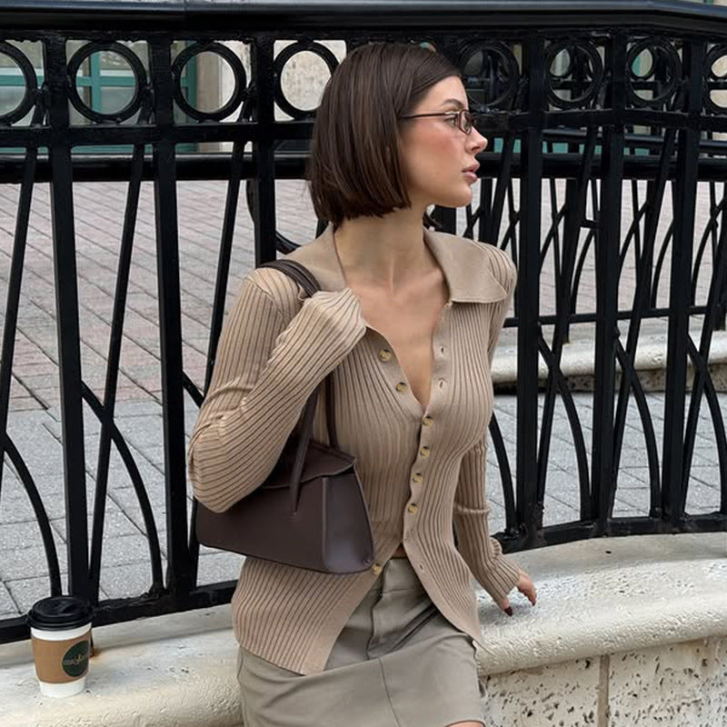 Ribbed V Neck Cardigan for Women | Slim Fit, Wool Blend, Button Down Long Sleeve Top | noémi