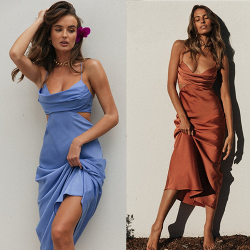 Womens Maxi Dress | Satin Slip Dress | Cowl Neck Backless Midi in Rust or Periwinkle | noémi