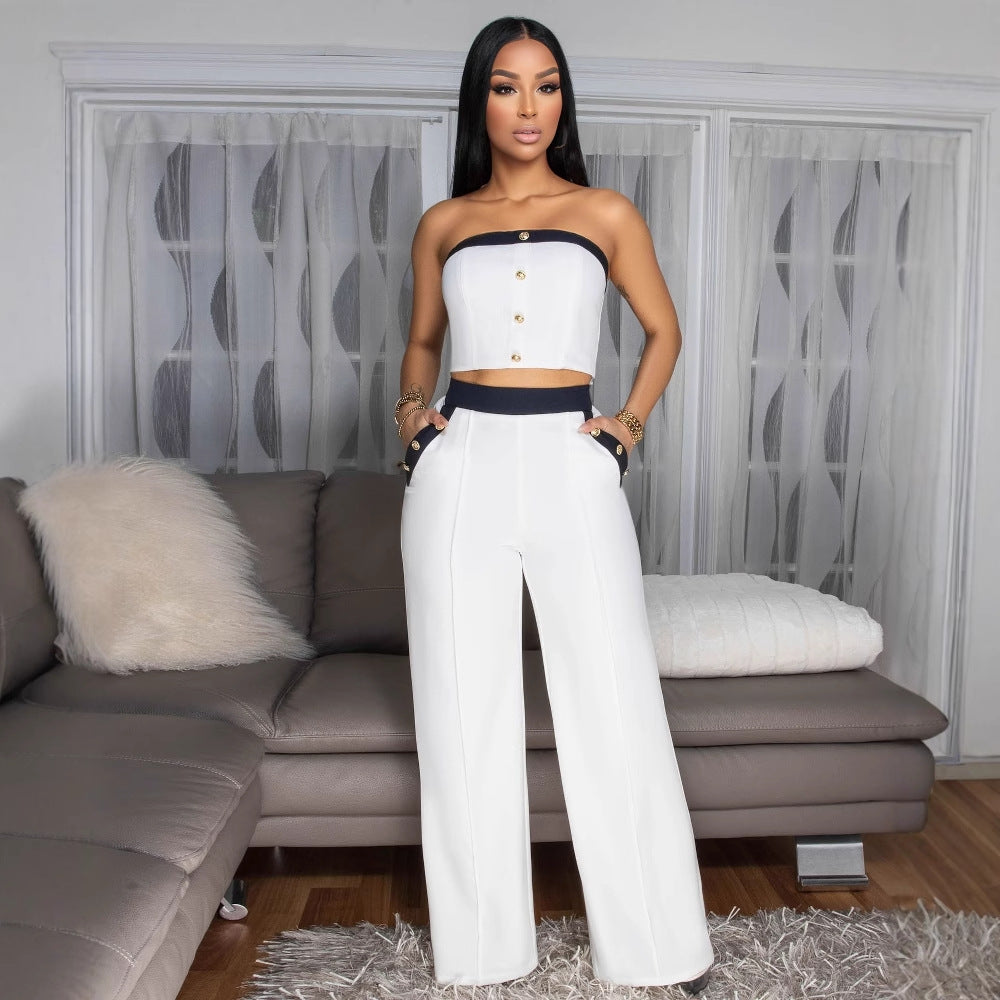 Womens Two Piece Set | Strapless Color Block Corset Top High Waist Wide Leg Pants | noémi