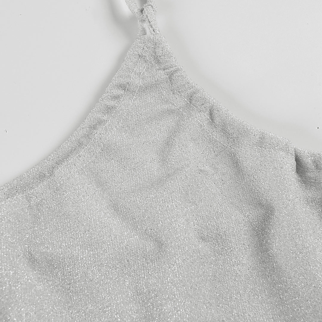 Silver Shimmer Cutout Gown | Backless Halter Maxi Dress with Metallic Glow | noémi