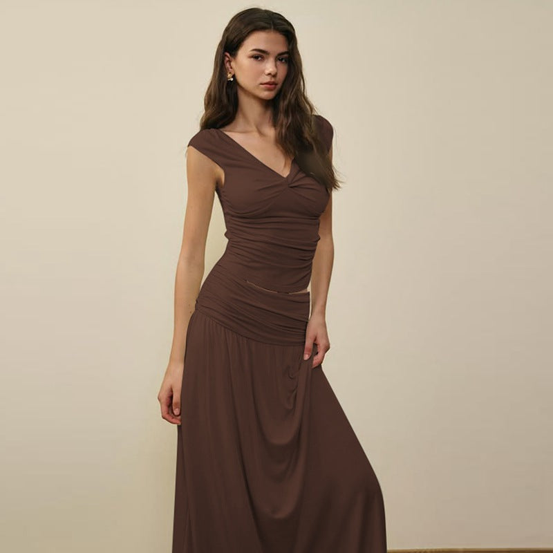 Two Piece Set | V Neck Twist Top & High Waist Pleated Skirt | noémi