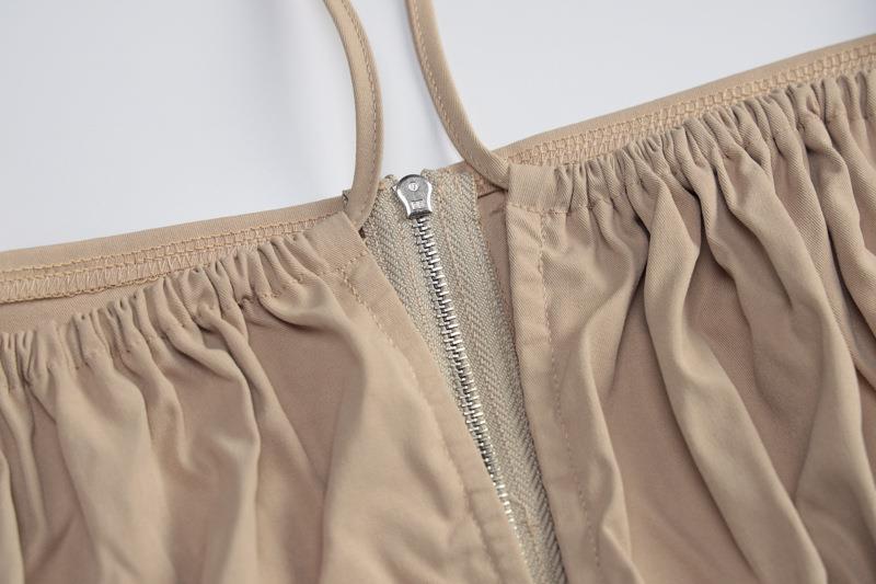 Solid Color Patchwork Backless Pleated Zipper Short Sleeve Top | noémi