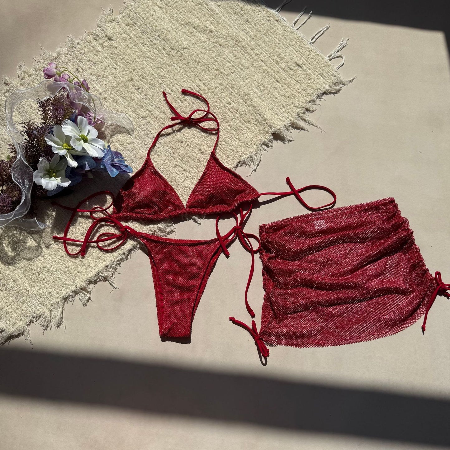 Lace Up Three Piece Split Bikini Swimsuit in Solid Color | noémi