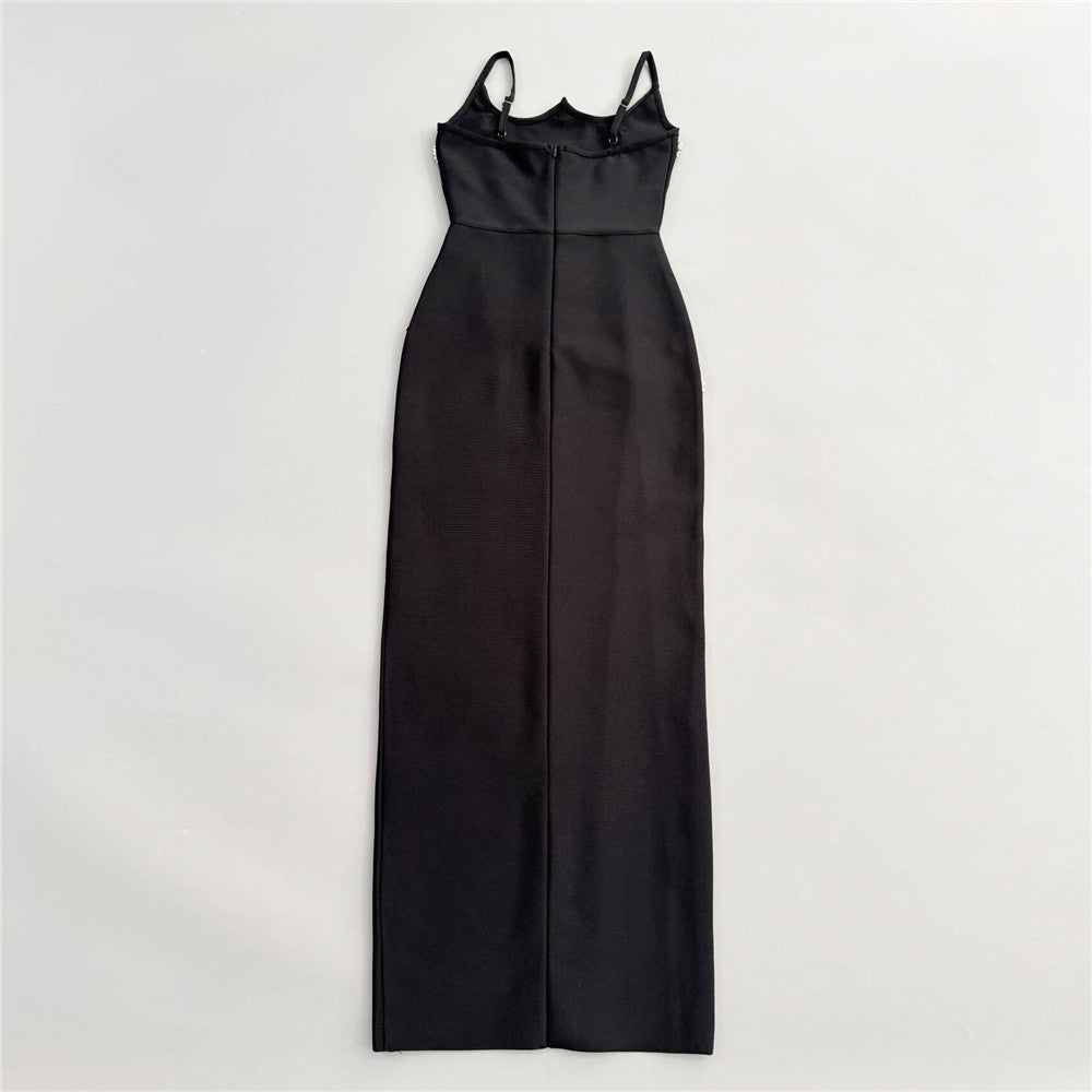Black Daisy Beaded Maxi Dress | Floral Crystal Embellished Gown with Side Slit | noémi