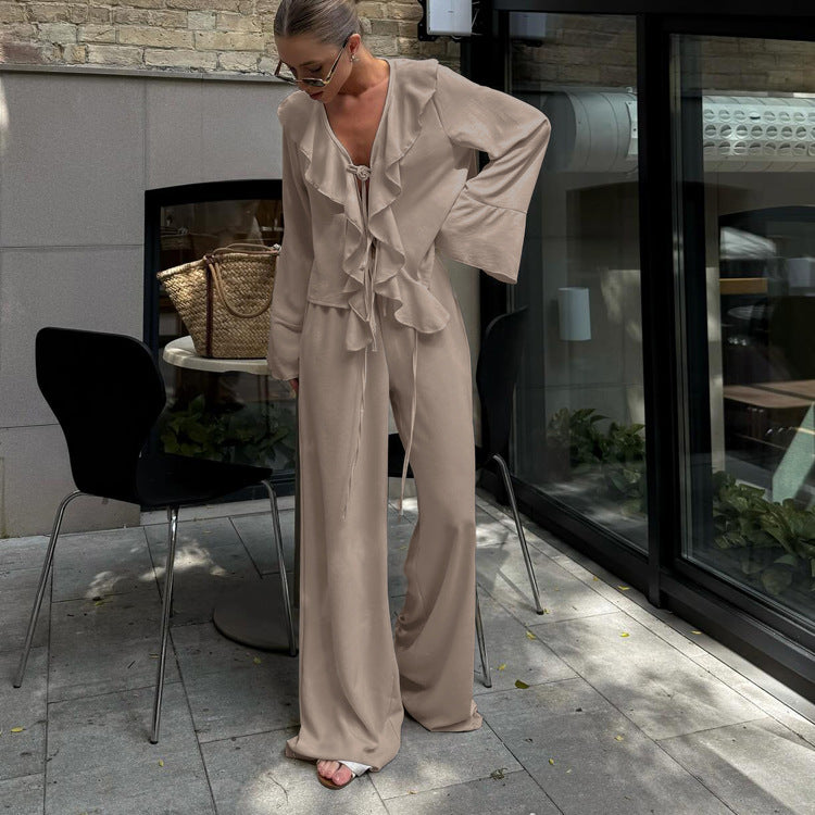 Ruffle V Neck Two Piece Set | Lace Up Blouse & Wide Leg Pants | noémi