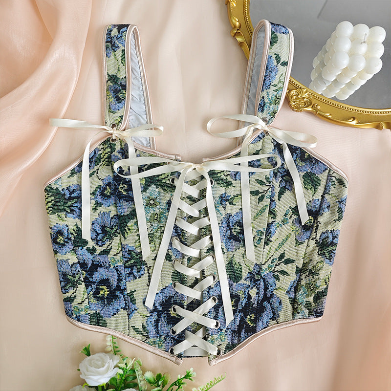 Printed Lace Up Corset Top | Floral Wide Strap Vest | noémi