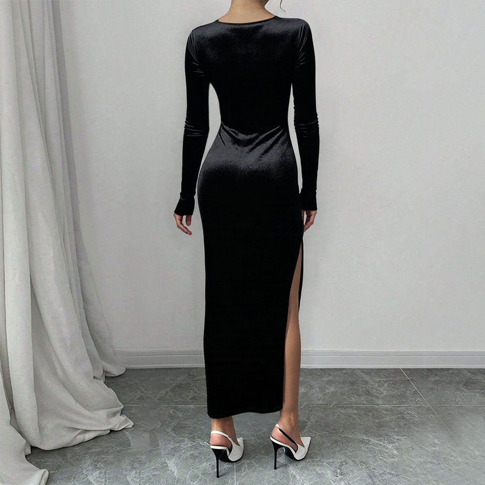 Womens Black Velvet Bodycon Gown | Long Sleeve Maxi Dress with Square Neck & Thigh High Slit | noémi