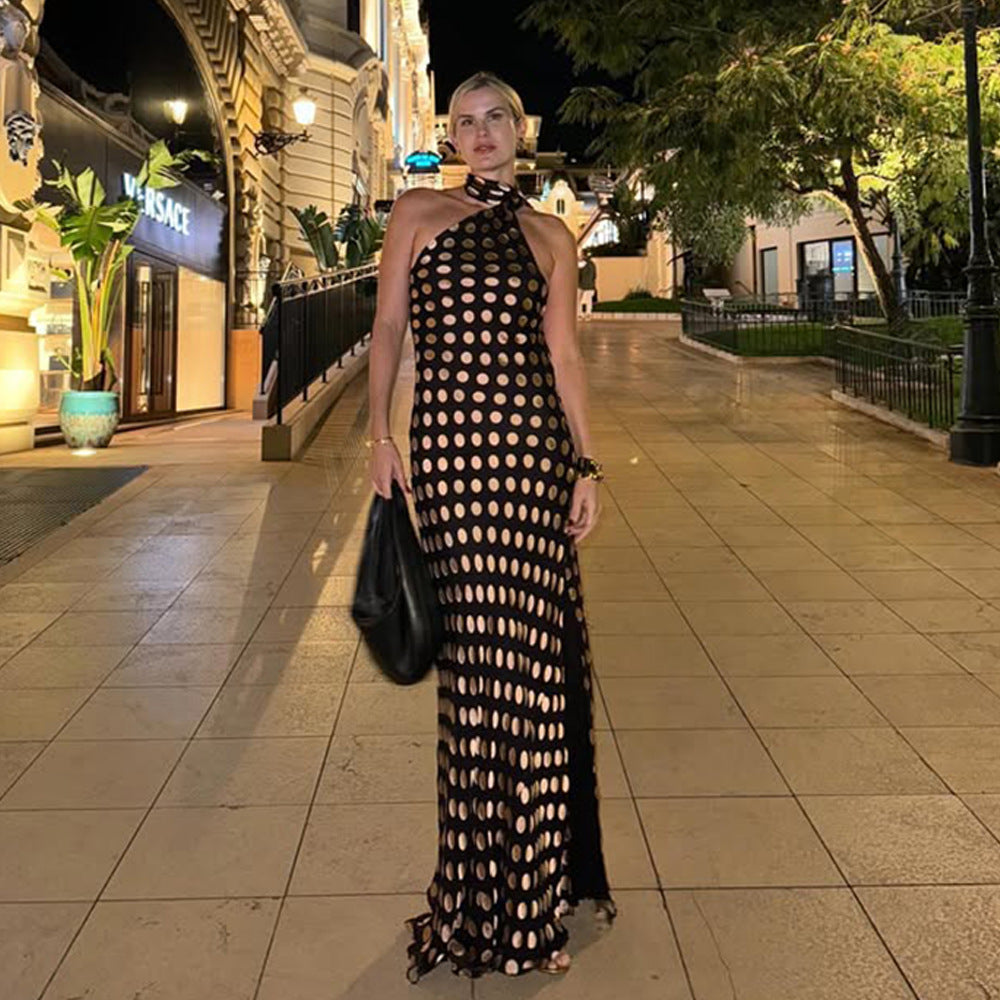 Women's Halter Polka Dot Backless Chiffon Maxi Dress | Black | noémi