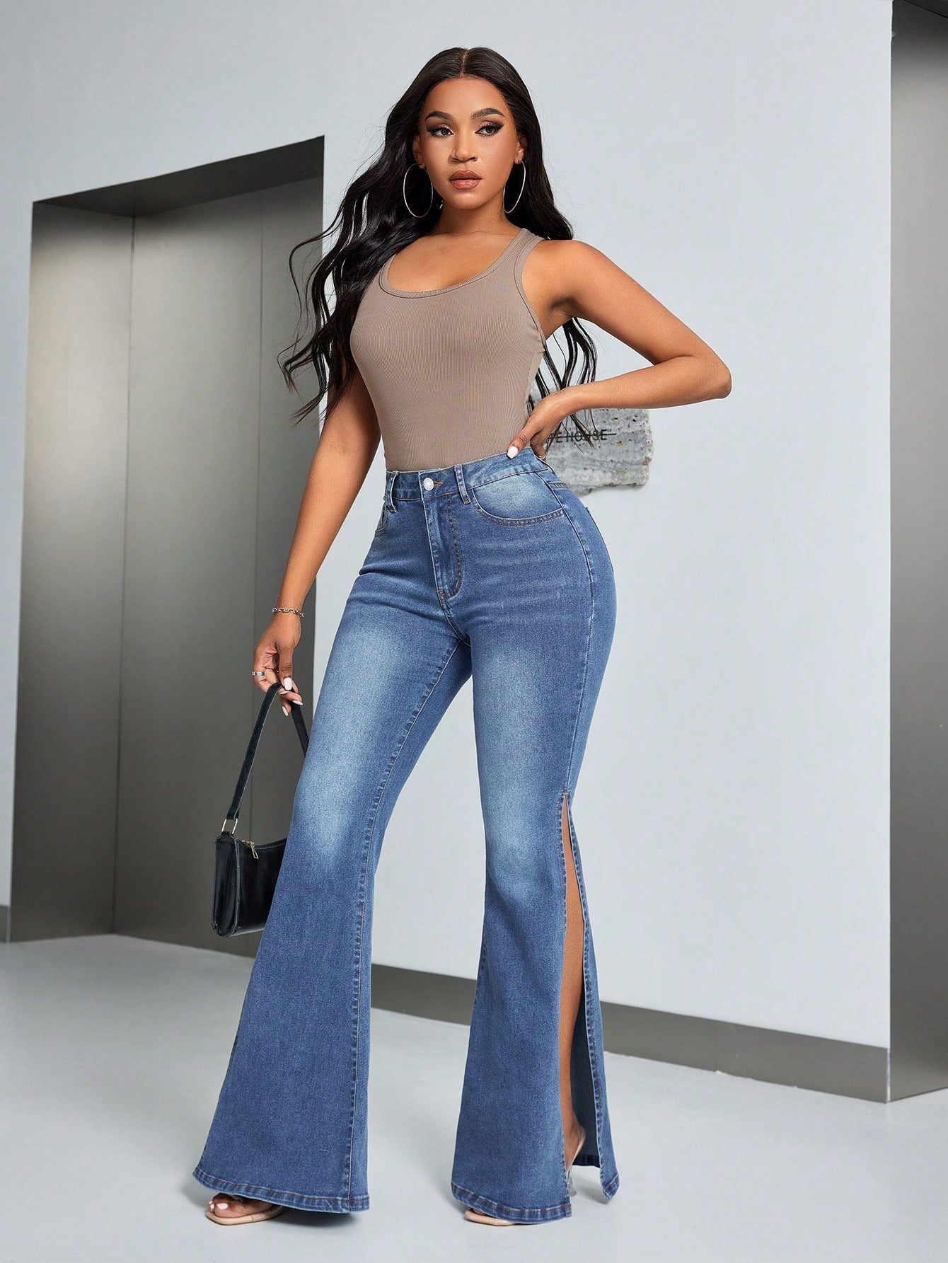 High Waist Bell Bottom Jeans | Slim Fit, Stretch Denim, Split Hem Flare Pants | noémi