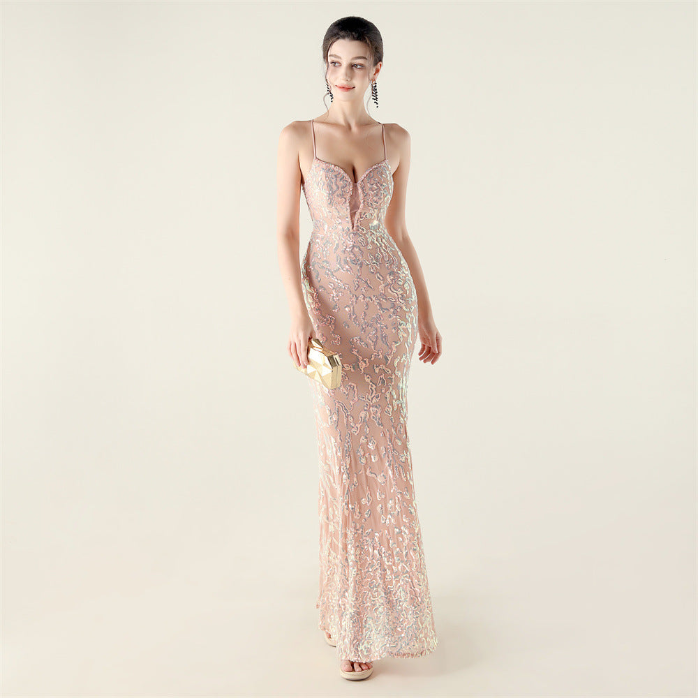 Beaded Sequin LaceUp Gown | Deep V Heart Neckline, Waist Trimmed, Backless | noémi