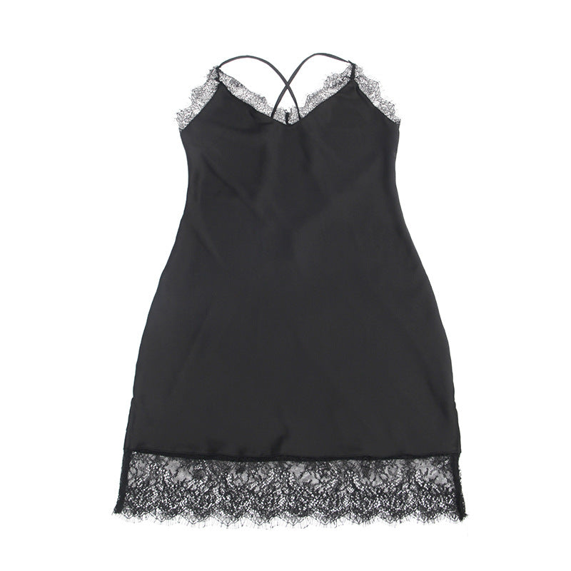 Womens Silk Satin Lace Trim Sleepwear | Black V Neck Nightdress, Adjustable Straps | noémi