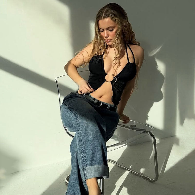 Summer Women's Cutout Halter Crop Top | Trendy Wooden Ring Detail Camisole | noémi