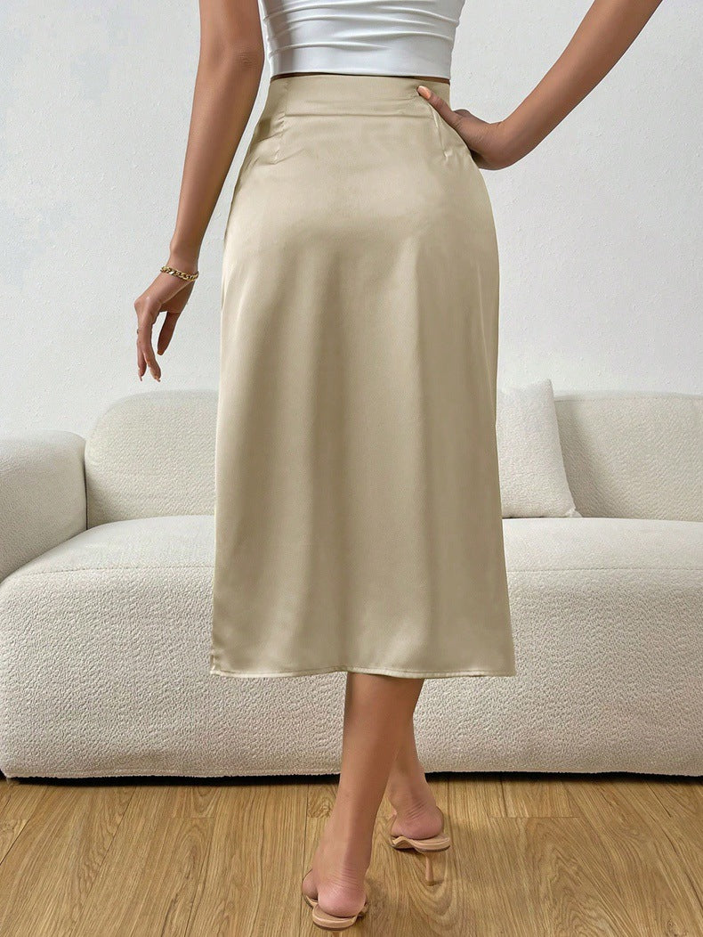 Satin Midi Skirt | High Waist Wrap Silhouette with Side Slit | noémi