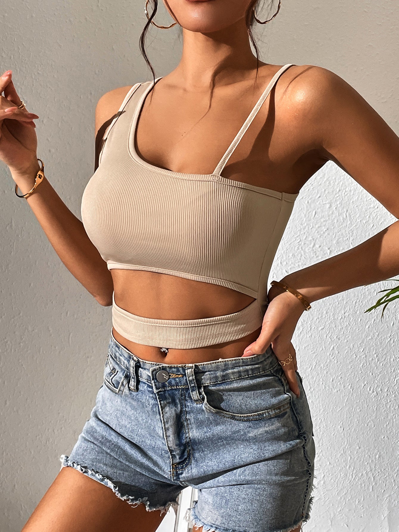Womens Ribbed Camisole Cut Out Crop Top | Beige Strappy One Shoulder Tank | noémi