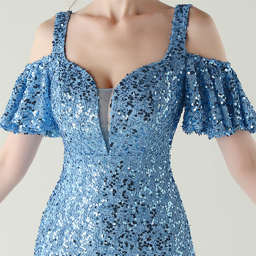 Sequin Dress | Floor Length Cold Shoulder Dress with Side Slit | Deep VPlunge High Slit Fishtail Dress Cocktail | noémi