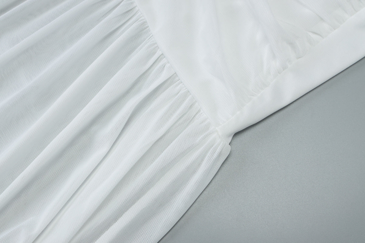 V Neck Mesh Stitch Pleated Dress with Slim Fit and Strap Detail | noémi