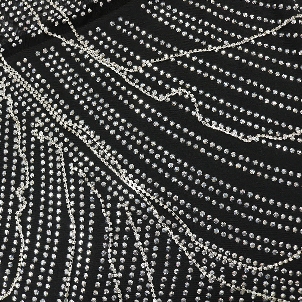 Mesh Panel Milk Silk Dress with Chain Straps and Rhinestone Detail | noémi