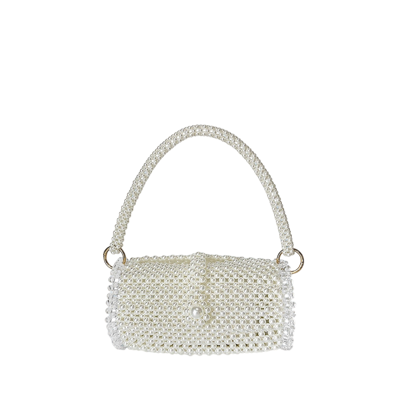 Pearl & Acrylic Beaded Pouch – Mini Phone Bag, Structured Box‑Style, White | noémi