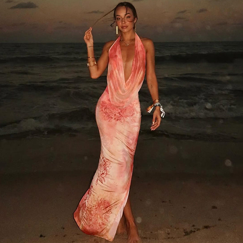 Women’s Summer Backless Printed Slit Beach Dress | LaceUp Waist, Lightweight & Flowy | noémi