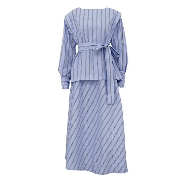 Womens Striped Two Piece Skirt Set | Long Sleeve Round Neck Pullover Top with Tie Waist | noémi