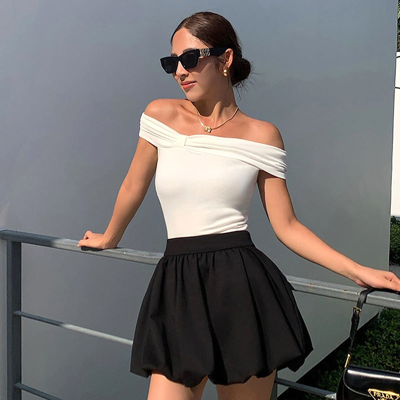 Off Shoulder Twist Front Top | Slim Fit Bardot Tee in Black or White | noémi