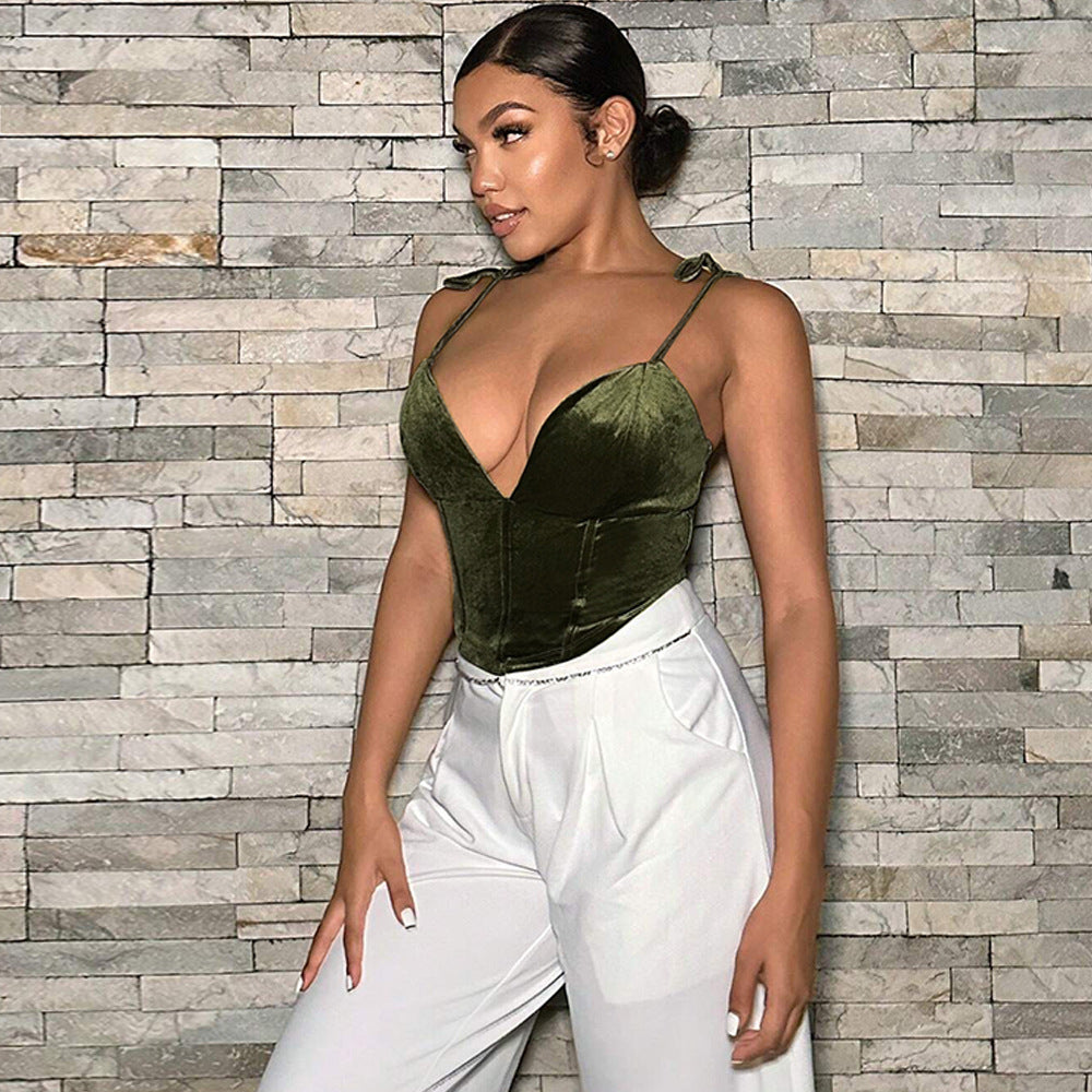 Women’s Velvet Spaghetti Strap Bodysuit | Deep VNeck Slim Fit Top, Olive Green | noémi