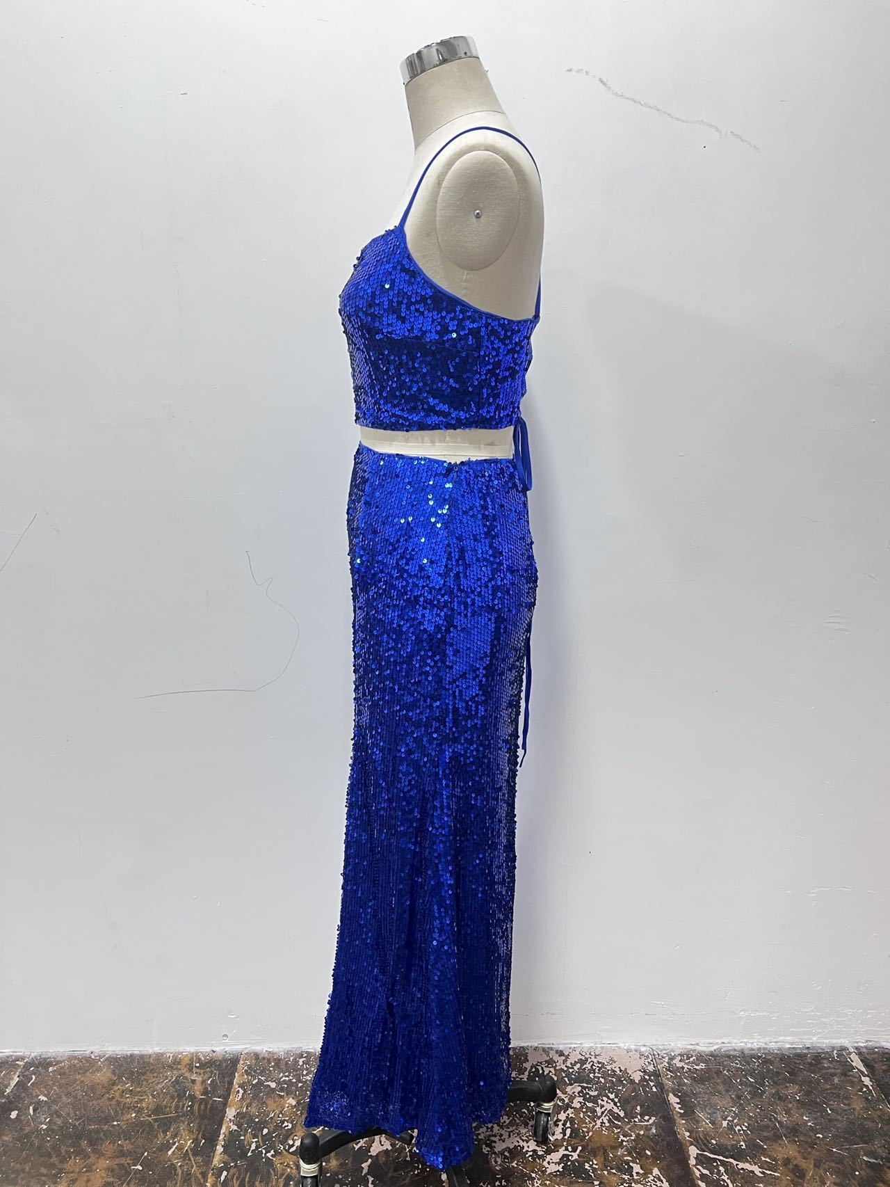 Women’s Sequin Two Piece Set | Lace Up Back Crop Top & Long Skirt | noémi