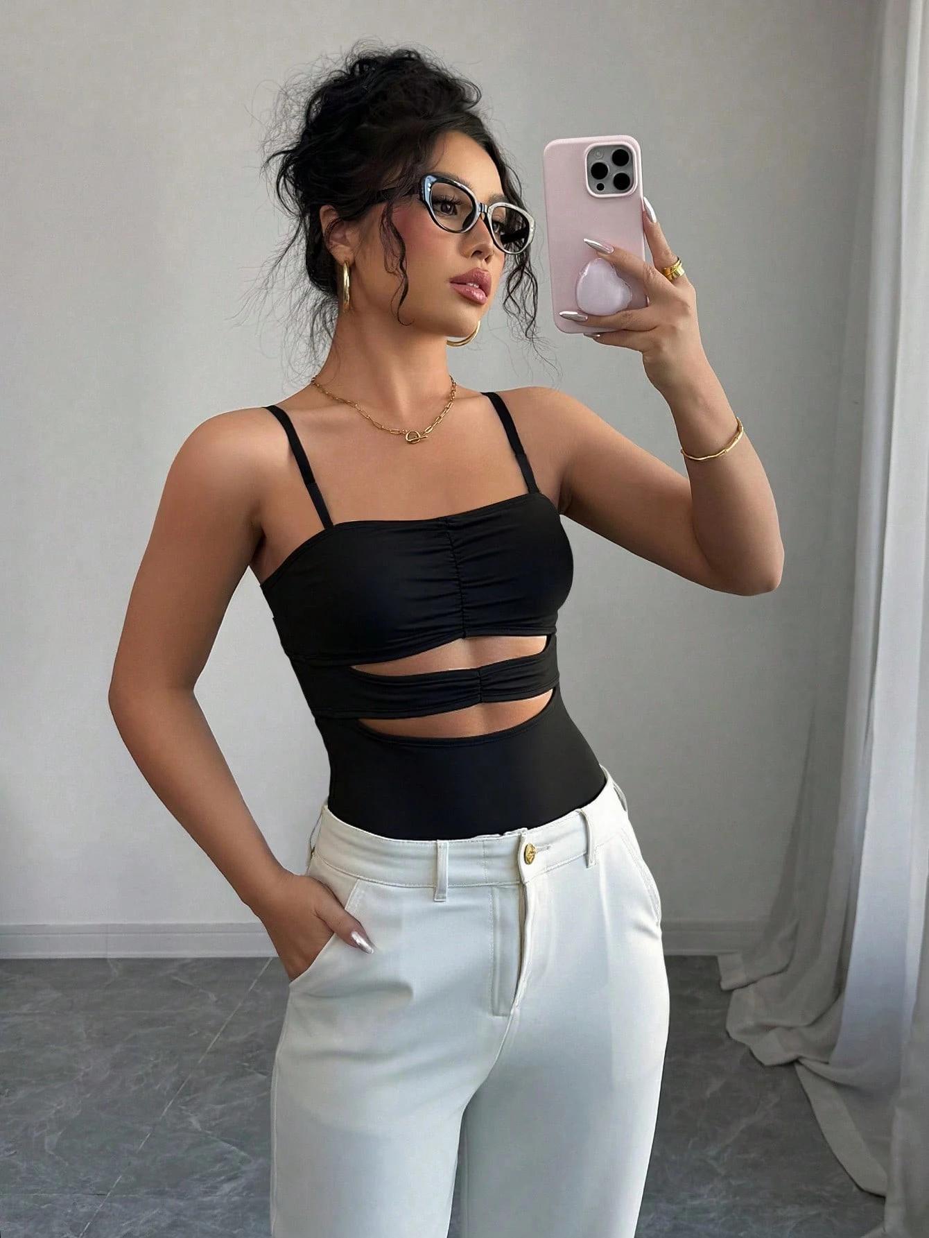 Ruched Cutout Crop Top | Black Fitted Tank with Double Waist Cutouts | Strappy Sleeveless | noémi