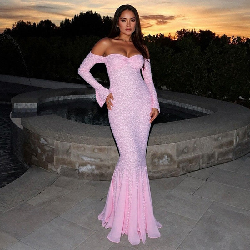 Off Shoulder Pink Lace Gown | Mermaid Maxi Dress | noémi