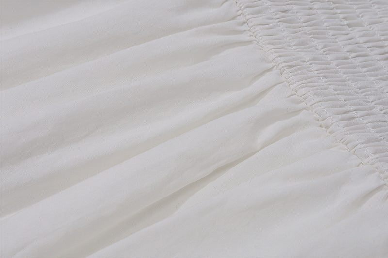 White Corset Midi Sundress | Ruffle Trim Sleeveless Dress with Smocked Back | noémi