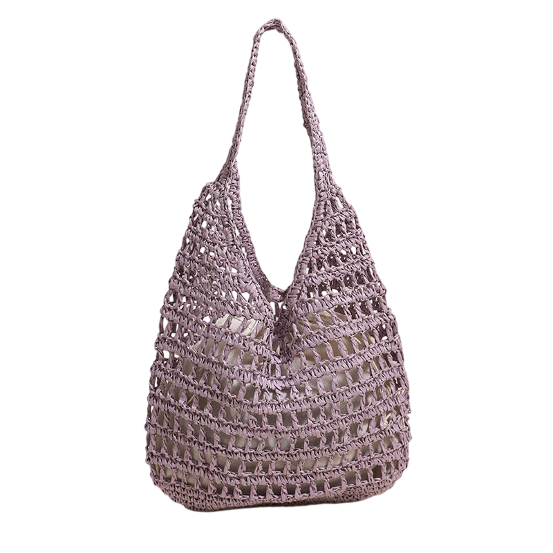 Large-Capacity Pink Straw Shoulder Tote Bag – Hollow-Out Woven Beach Carryall | noémi