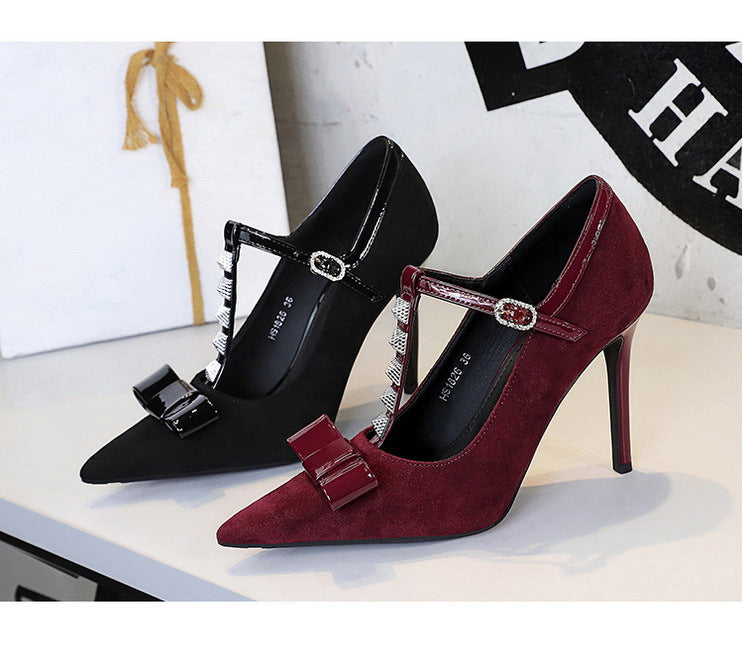 Women’s T Strap Suede High Heels | Pointed Toe, Bow & Rivet Detail | noémi