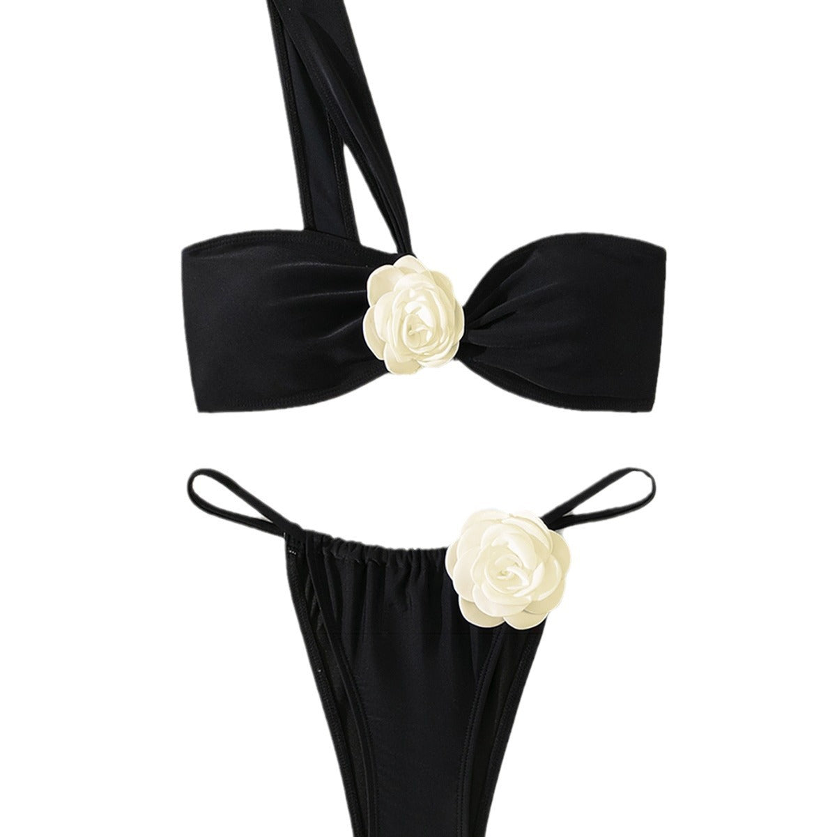 White One Shoulder Bikini with Three Dimensional Floral Detail for Women | noémi